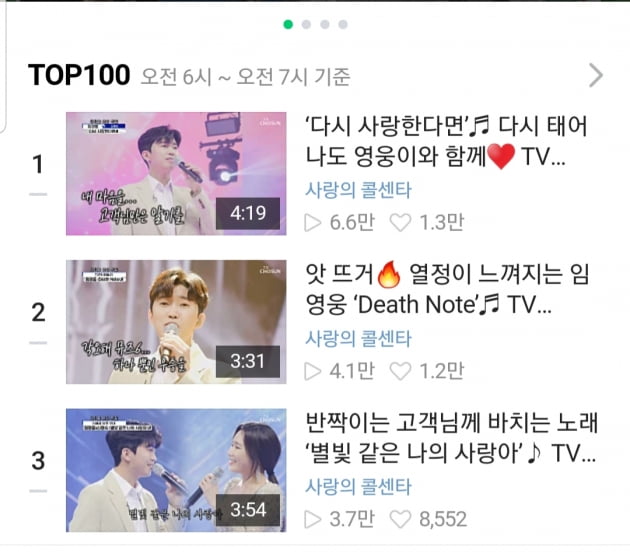 '네이버도 평정' 임영웅, 네이버tv 1~3위 '싹쓸이'