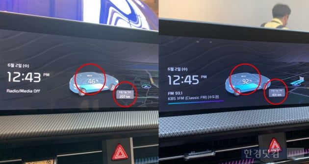 EV6 GT라인(좌), EV6 스탠다드(우) 남은 주행거리 및 배터리 잔량./ 사진=신현아 기자