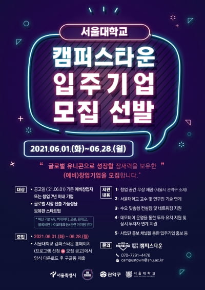 2023년 글로벌 스타트업 100개 양성, 서울대 캠퍼스타운 입주기업 모집 선발