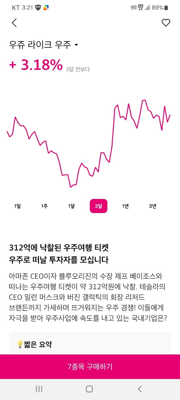 우주 테마 관련 종목을 소개하는 '바닐라' 화면
