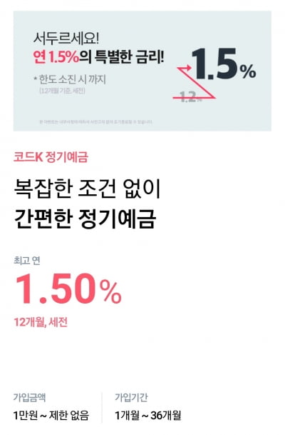 케이뱅크, 연 1.5% 정기예금 특판