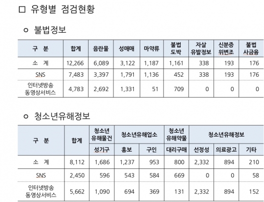 적발된 청소년 유해정보 분류. 여가부 제공