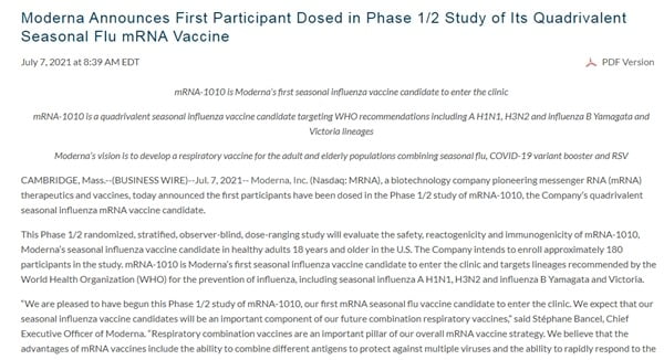 모더나, 인플루엔자 mRNA 백신 임상시험 착수