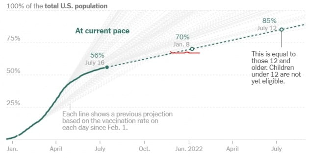 미국의 전체 인구 대비 백신 접종률은 지난 16일 현재 56%로 기록됐다. 집단면역 기준인 70%를 넘기려면 내년 1월은 돼야 할 것으로 관측된다. 미 질병통제예방센터(CDC) 및 뉴욕타임스 제공
