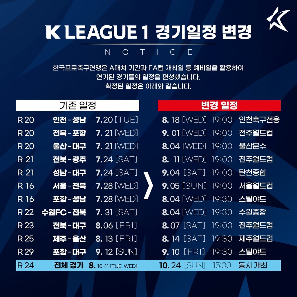 코로나19로 연기된 K리그1 9경기, 8∼9월에 개최