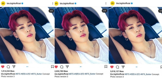 방탄소년단 지민, 22시간만에 '버터' 포토 인스타 600만 '하트' 돌파  韓남자연예인 신기록