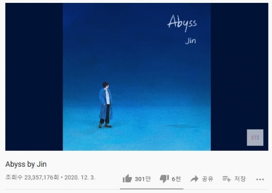 방탄소년단 진의 Abyss(어비스),  한국 솔로 최초 유튜브 300만 좋아요 달성 