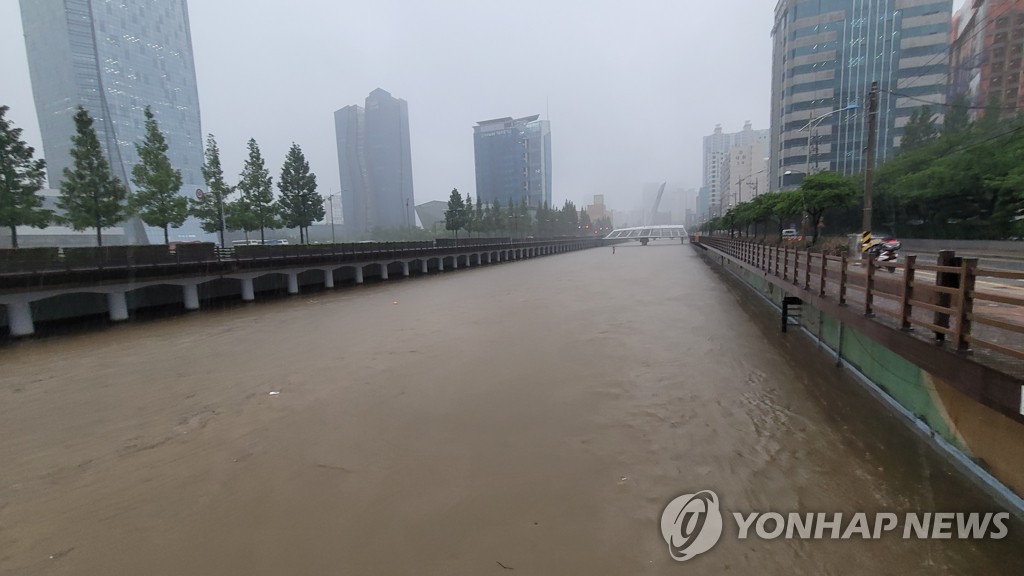 장대비에 만조 겹친 부산…동천 수위 '경계' 단계 넘어