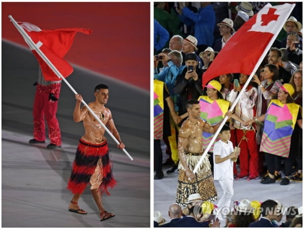 epa06509425 A composite image shows Tonga flag bearer Pita Taufatofua carrying the flag bare-chested both during the Opening Ceremony of the PyeongChang 2018 Olympic Games on 09 February 2018 (L) and the Rio 2016 Olympic Games on 05 August 2016 (R). Taufatofua was entering the opening ceremonies topless on both occasions. He competed in the Taekwondo competition at the Summer Games and will compete in the Cross-Country skiing competition at the Winter Games.  EPA/VASSIL DONEV/TATYANA ZENKOVICH