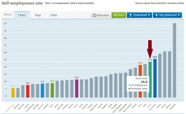 OECD 국가 중 자영업 25% 이상은 한국뿐?