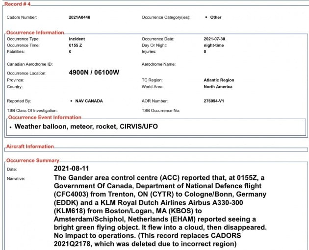 11일(현지시간) 캐나다 정부 항공 사고 DB에 기록된 UFO 추정 물체 목격 사례. / 출처=핼러팩스 쉬핑 뉴스 