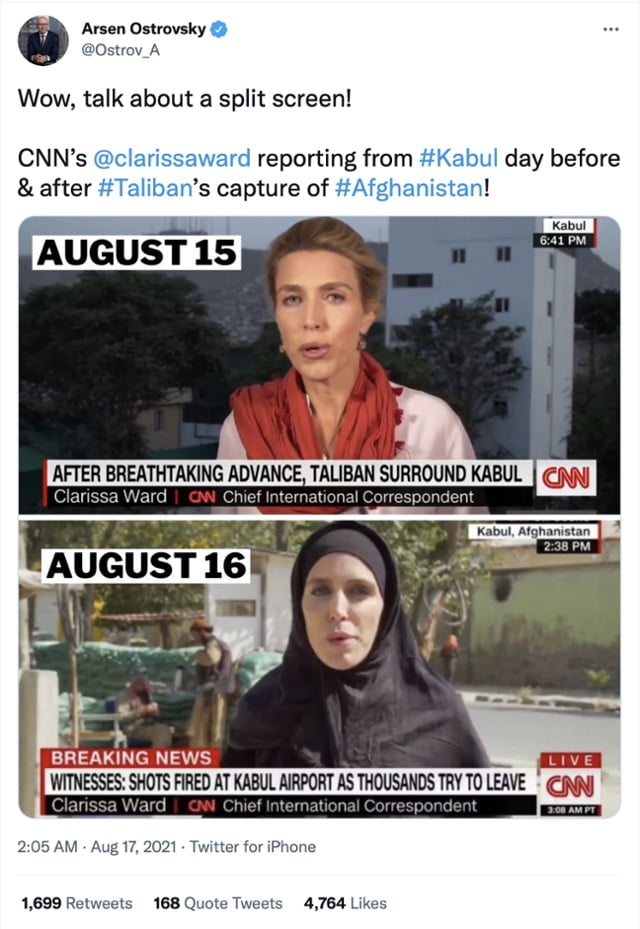 CNN 특파원 클라리사 워드. 탈레반이 카불을 절렴하기 전(15일)과 후(16일)의 옷차림이 다르다/사진=트위터 