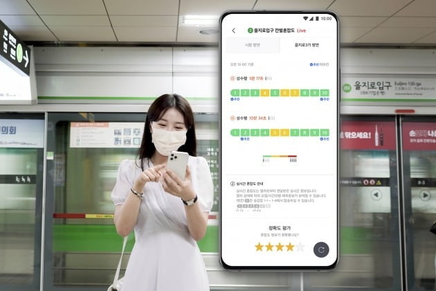 SK텔레콤 직원이 TMAP 대중교통 앱으로 지하철 칸별 혼잡도를 확인하고 있다. SK텔레콤 제공 