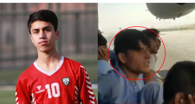 아프가니스탄 유스 축구 국가대표팀 선수였던 자키. 수송기에 매달린 자키의 모습(오른쪽)/사진=온라인 커뮤니티