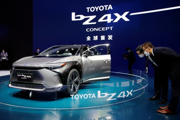 도요타가 올해 4월 중국 상하이 모터쇼에서 공개한 콘셉트 전기차 ‘bz4X’. /연합뉴스