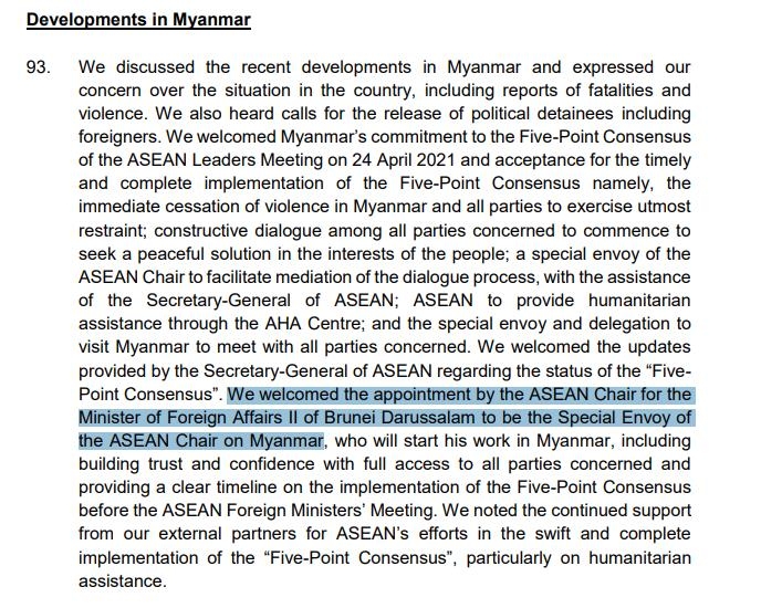 아세안, 미얀마 특사로 브루나이 외교장관 임명