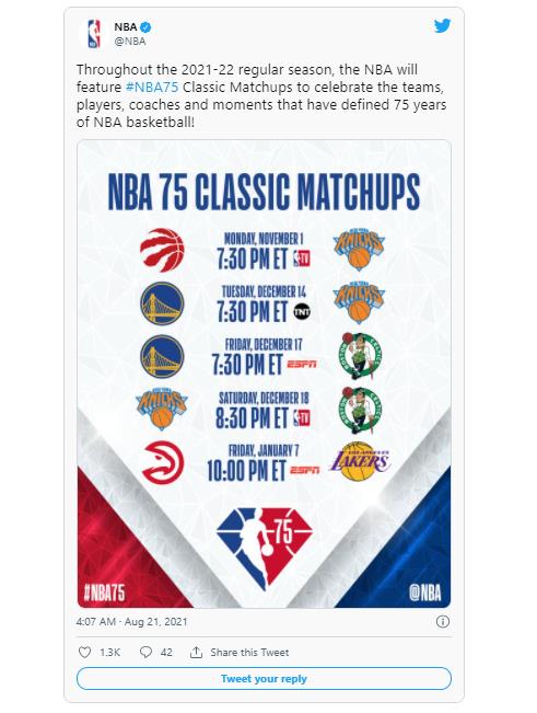 '75주년' NBA 새 시즌 일정 발표…팀당 82경기 등 '정상 복귀'