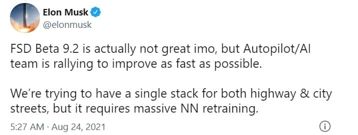 머스크, 안전 당국 조사에 저자세? "FSD 베타9.2, 대단하지 않아"