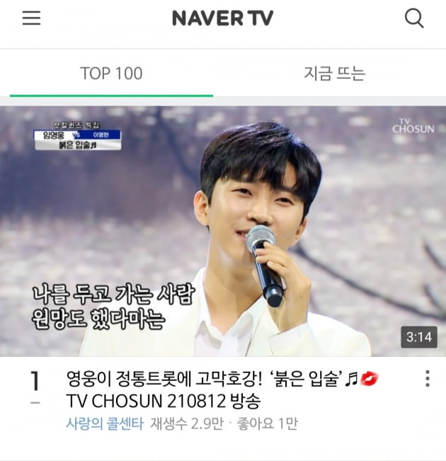 '네이버도 영웅 홀릭' 임영웅 '붉은 입술'...네이버TV TOP100 1위