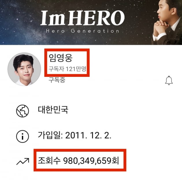 임영웅, 공식 유튜브 총 조회수 9억 8000만 돌파…'10억 돌파' 카운트 다운 
