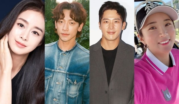 배우 김태희(왼쪽부터), 비, 이완, 프로골퍼 이보미. 가족이 모두 유명인이다. / 사진=SNS, 씨네소파 제공