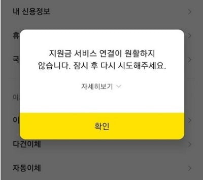 6일 오전 카카오뱅크 앱에서 '국민지원금 신청 서비스' 접속 지연이 발생했다. 카카오뱅크 캡처