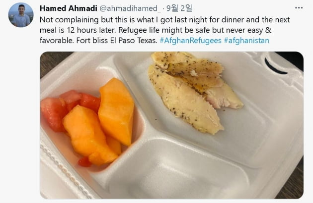 미군 측이 아프간 난민에 제공한 급식. /사진=하메드 아흐바디 트위터 
