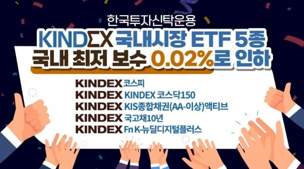 한투운용, ETF 5종 총보수 연 0.02%로 인하…"업계 최저"