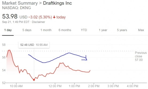 미국 드래프트킹스 주가는 21일(현지시간) 나스닥 시장에서 장중 6% 넘게 떨어졌다. 