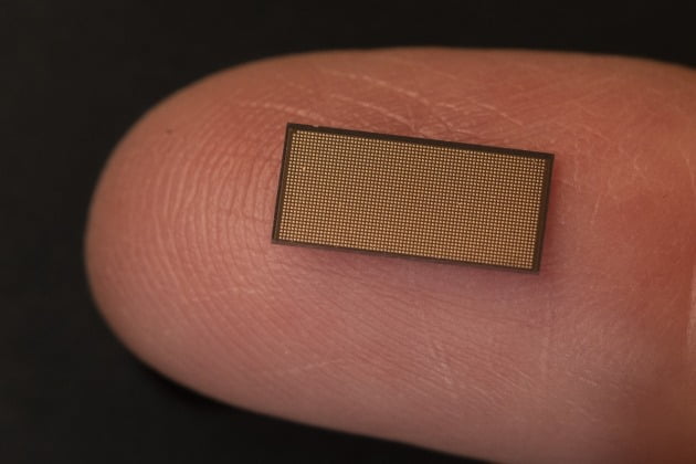인텔이 개발한 뉴로모핏 칩 '로이히2'를 손가락 위에 올려놓은 모습. 인텔 제공 