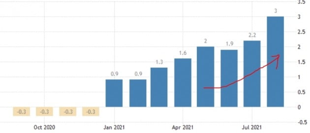 유로존의 소비자 물가는 지난 8월 작년 동기 대비 3.0%까지 뛰었다. 