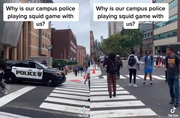 미국 한 대학 캠퍼스에서 캠퍼스 폴리스가 '오징어 게임' 속 놀이를 하자 길을 걷던 학생들이 멈춰섰다. 사진=틱톡