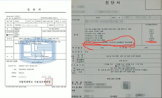 최성봉이 유튜버 이진호씨에게 공개한 두 번째 진단서(좌측)와 첫 번째 진단서. 