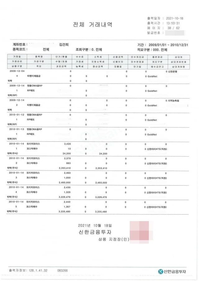 김건희 씨의 주식거래내역. 2020년 1월 14일부터 도이치모터스 주식을 매수했던 것으로 나타났다. / 사진=윤석열 캠프 법률팀 제공