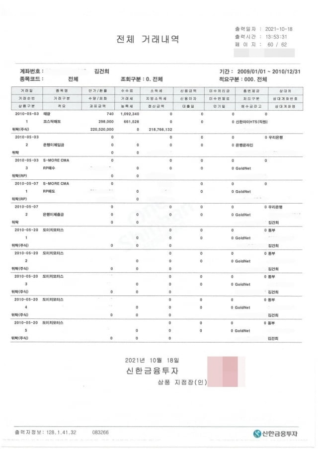 김건희 씨의 주식거래내역. / 사진=윤석열 캠프 법률팀 제공