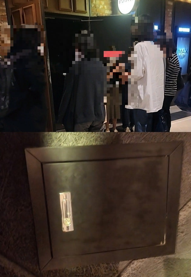 CGV 직원에게 항의하는 관객들(위), 남성 관객이 실수로 누른 스위치 사진. 해당 문을 열어야 점등 스위치를 누를 수 있다. /사진=FM코리아 