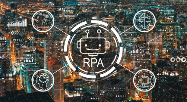 Robotic process automation concept with downtown Chicago cityscape skyscrapers