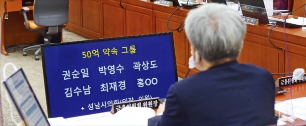 명단 바라보는 금융위원장 고승범 금융위원장이 6일 국회에서 열린 정무위원회 국정감사에서 박수영 국민의힘 의원이 공개한 대장동 개발사업 의혹 관련 ‘50억원 클럽’ 명단을 보고 있다.  김범준 기자 