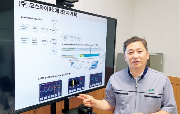 신일균 코스와이어 수석연구원이 초소형 복합센서가 장착된 스마트와이어 시스템을 설명하고 있다.
 