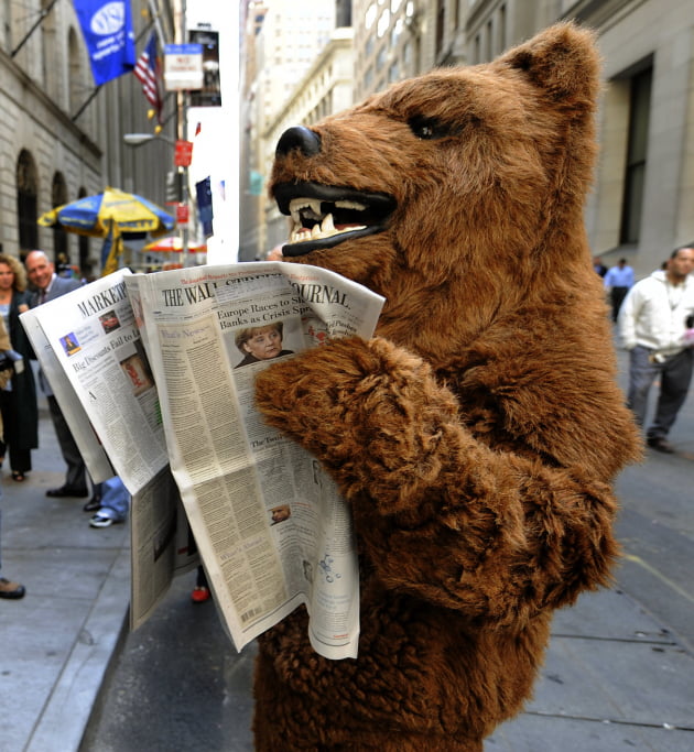 미국 다우지수가 2008년 10월, 4년 만에 1만선 아래로 떨어지자 한 투자자가 베어 마켓을 상징하는 곰 복장을 한 채 항의 시위를 하고 있다. 출처:연합뉴스