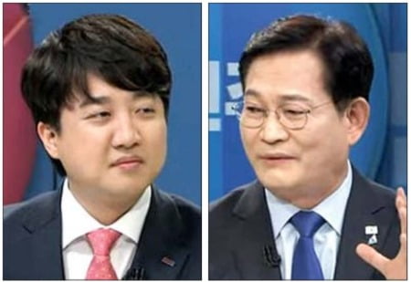 송영길 더불어민주당 대표(오른쪽)와 이준석 국민의힘 대표가 3일 SBS에 출연해 토론하고 있다.  /SBS 캡처 
