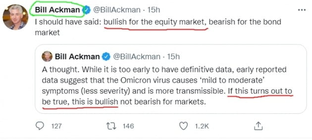 빌 애크먼이 29일(현지시간) 트위터에 띄운 글. "오미크론 사태가 증시에 부정적이지 않을 것"이라고 예상했다.