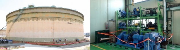 SK이노베이션 울산콤플렉스의 원유저장탱크(왼쪽)과 울산콤플렉스 내에서 철거된 설비들. 사진=SK이노베이션 제공