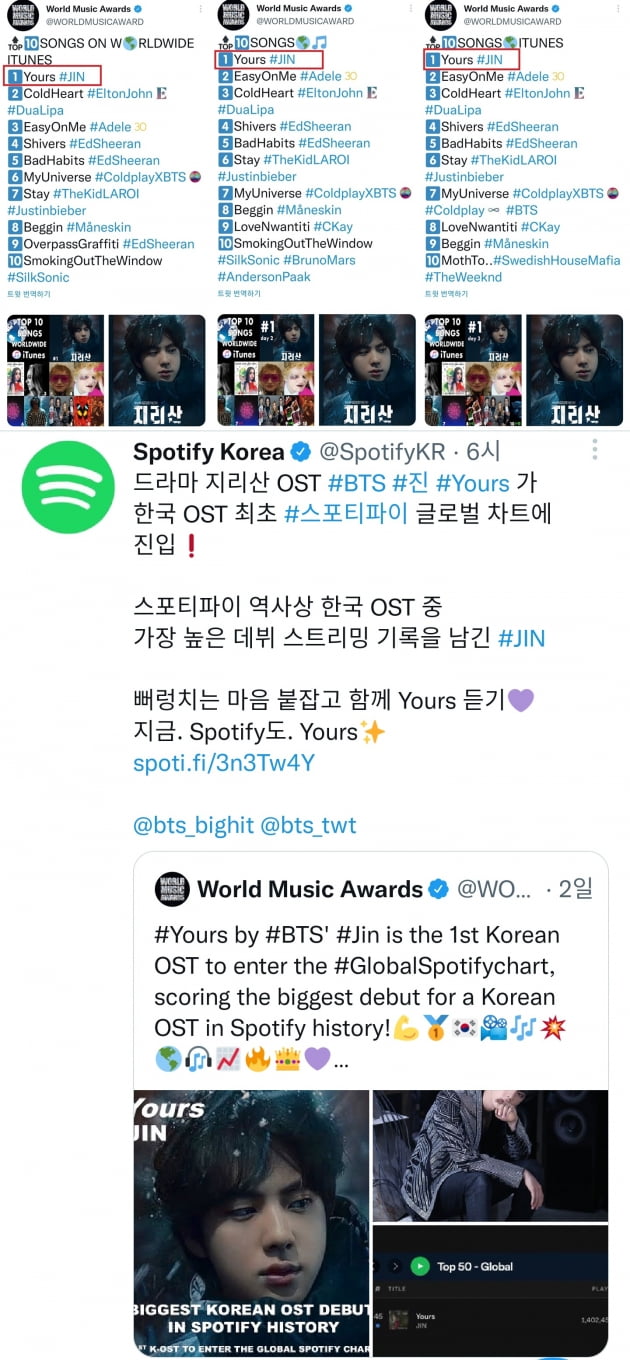 방탄소년단 진, 'Yours' 韓 솔로 최초 신기록 日 샤잠 1위 등극, 열도 사로잡은 '보컬킹'