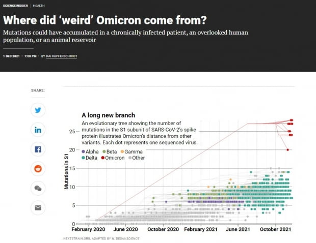 사이언스 캡쳐. 그림속 빨간색이 오미크론. 다른 변이와 유전 계통이 확연히 다르다. 