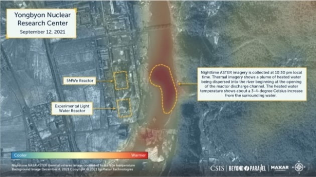 북한 평안북도 영변 핵시설 내 5메가와트(㎿)급 원자로 건물 일대의 9월12일자 위성 열적외선 영상 분석결과./ 사진=CSIS 분단을넘어 홈페이지