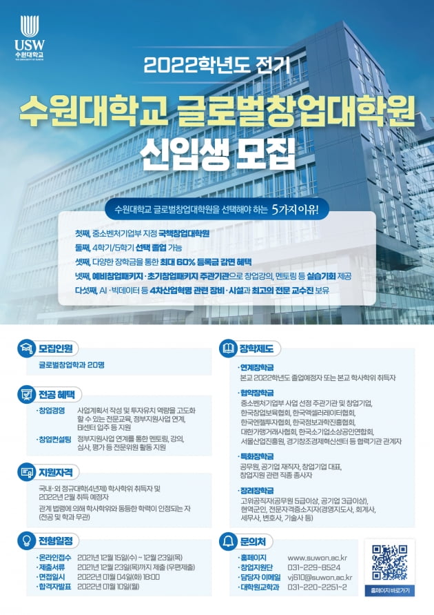 수원대 글로벌창업대학원, '2022학년도 전기 신입생' 모집