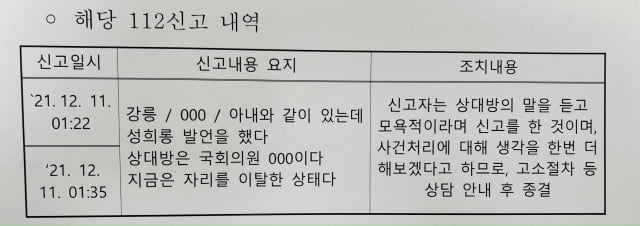 김용민 의원이 공개한 112 신고 내역. / 사진=김용민 의원 페이스북