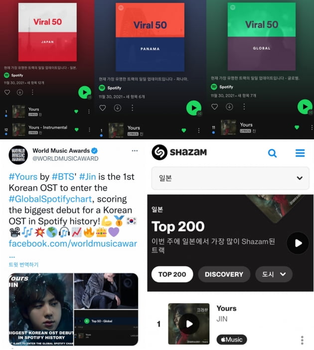 방탄소년단 진, ‘Yours’ 스포티파이·아이튠스에서 쓰는 '전인미답'의 기록 