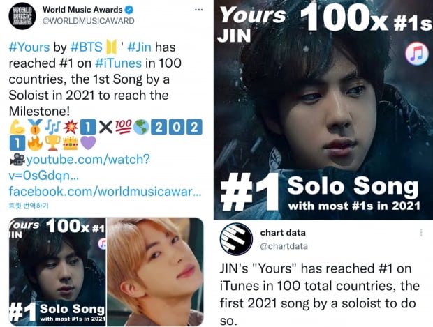 방탄소년단 진 ,'Yours'로 올해 솔로가수 최초 아이튠즈 100개국 1위